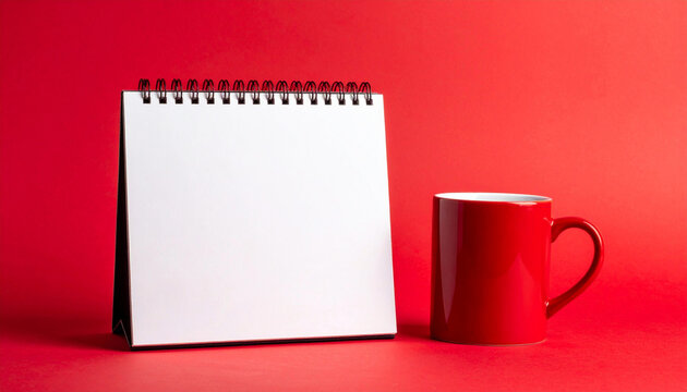 Blank spiral calendar mockup next to red coffee mug on red background, copy space.