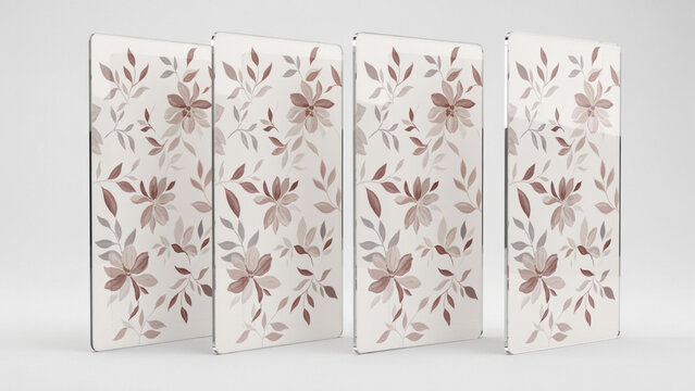 Four vertical glass panels featuring a repeating hand drawn floral pattern in soft brown tones