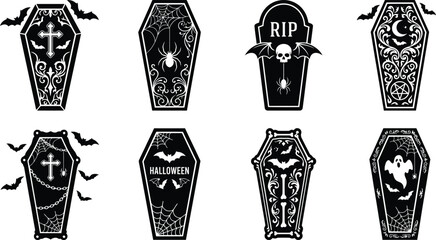 Fototapeta premium Halloween coffin silhouette collection, spooky gothic vector design, bats skulls spiders webs ghosts moon pentagram creepy horror fantasy artwork decoration