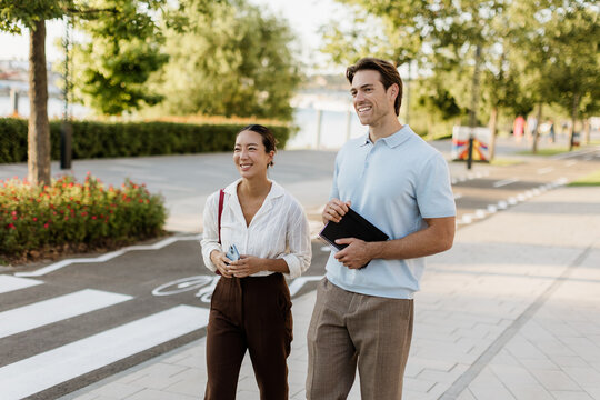 Joyful stroll by the waterfront on a sunny day