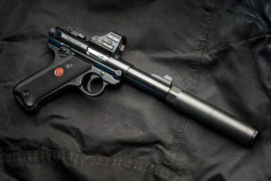 Ruger Mark IV Tactical .22 pistol, with Holosun red dot sight and Otter Creek Titanium 22 suppressor.