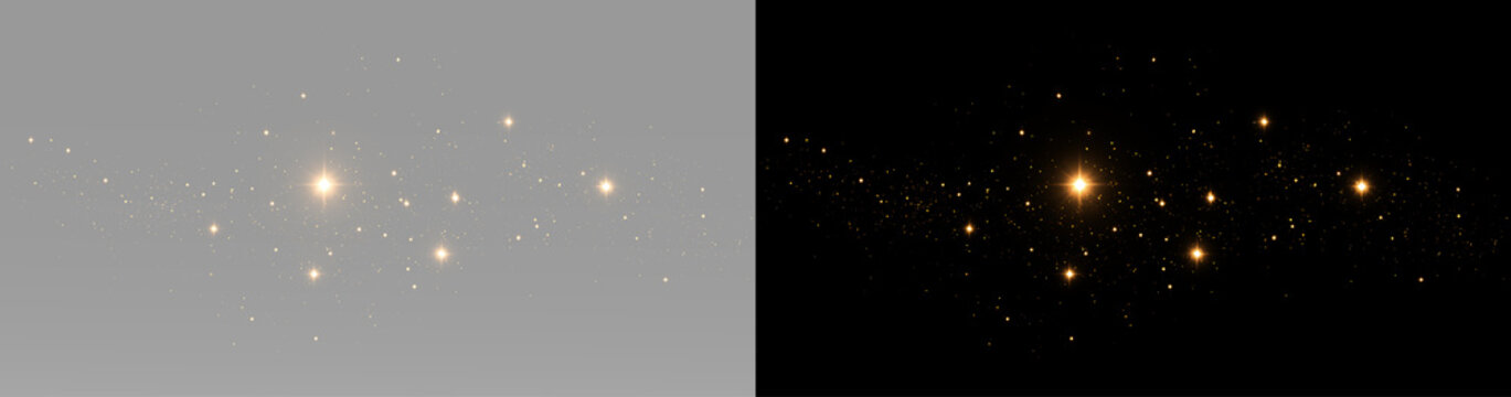 Gold sparkle trail made of small glowing particles, bright stars and magical glitter light isolated as an overlay