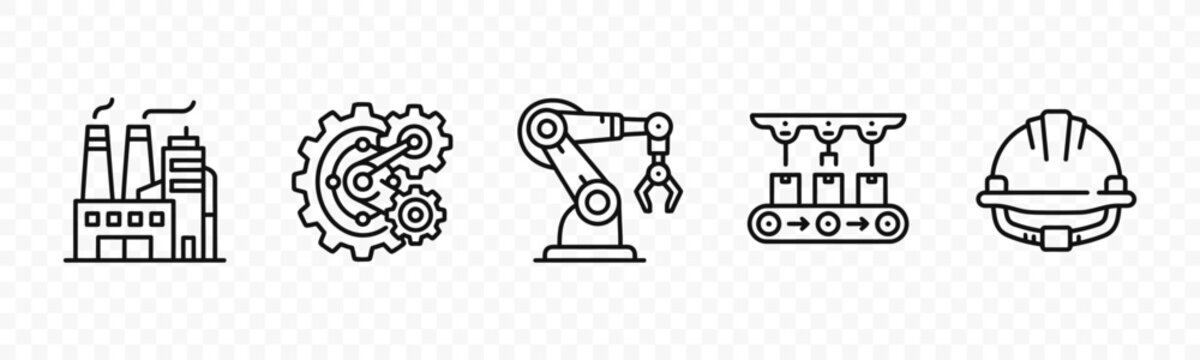 flat vector illustration line art icon bundle set design illustrating industrial robotics factory assembly lines and automated machinery for manufacturing website ui ux
