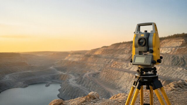 Theodolite machine in open pit mining site landscape