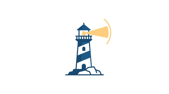 Flat vector illustration of a nautical lighthouse with light beam on white background