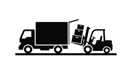 Fototapeta premium Forklift loading boxes onto a delivery truck black silhouette style