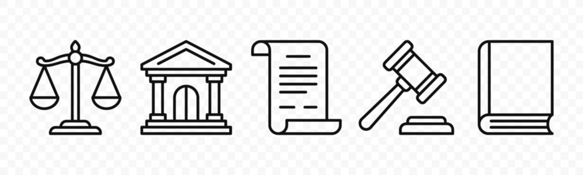 flat vector illustration line art icon bundle set design depicting legal justice scales judge gavels and law symbols for professional attorney and courthouse website ui