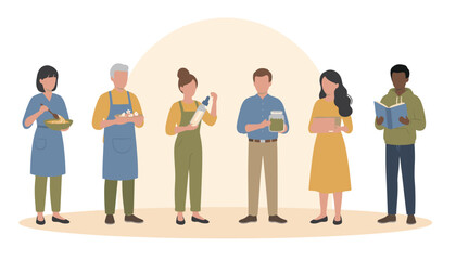 Fototapeta premium Diverse group of people holding various sustainable food items and books in flat illustration style.
