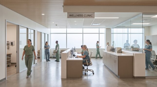 Wellness clinic hallway with medical staff walking and working at reception desk