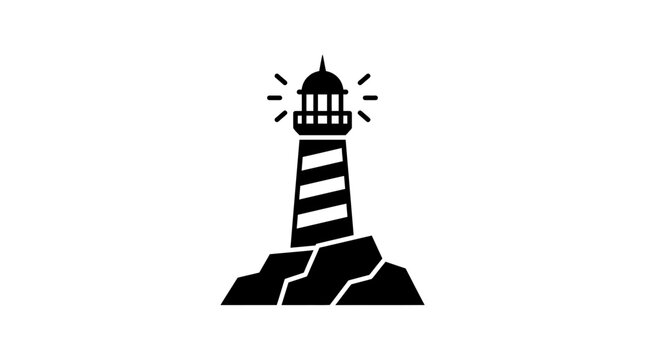 Minimalist lighthouse icon on rocky cliff, black flat vector illustration isolated on white.