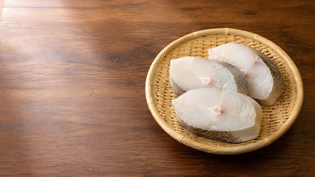 raw cod steaks on a bamboo tray with copy space
