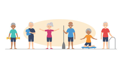 Fototapeta premium Diverse group of active senior citizens exercising and staying fit with physical therapy equipment.