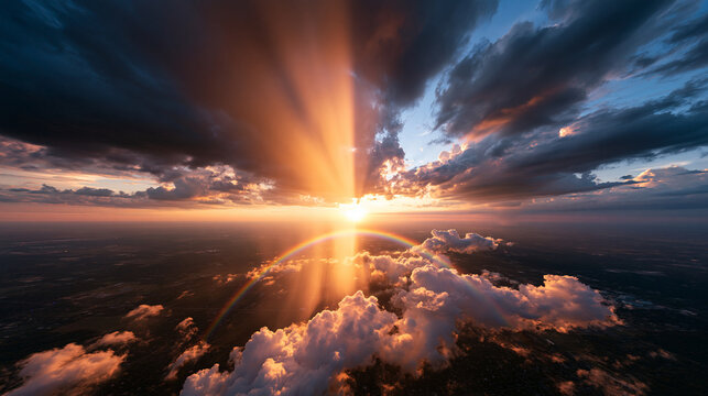 Dramatic Aerial Sunset with Sun Rays and Rainbow Halo