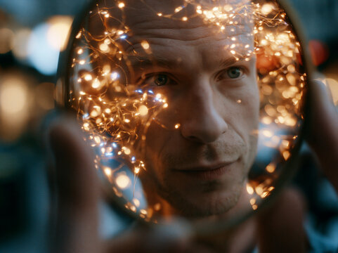 Thoughtful Man Reflected in Mirror with Glowing Lights
