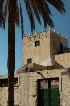 Historic Casa Fuerte, a 16th century fortified stronghold in Costa Adeje, Tenerife, framed by a tall palm tree against a clear blue sky, showcasing weathered stone walls and green shutters