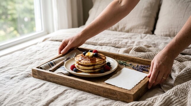 Person serving breakfast pancakes with berries on a wooden tray in bed