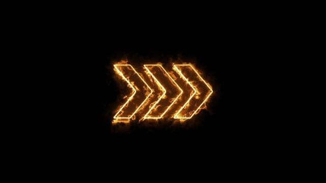 Glowing orange neon chevron arrows moving forward animation on black background loop.