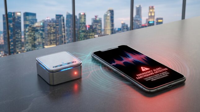 Earthquake Detection Device and Smartphone Displaying Alert. Seismic Monitoring System Concept