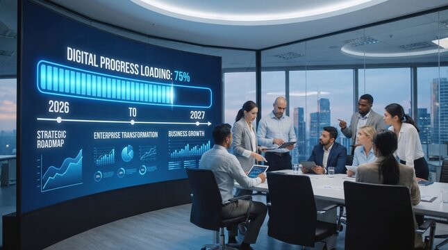 Digital Progress Loading Bar Displayed in a Modern Office, Strategic Business Roadmap Concept