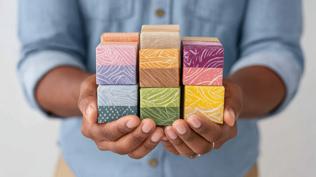 A person wearing a light blue shirt holds up nine textured, colorful handmade soaps arranged in three rows and three columns. The low-saturation macaron colors are fresh and soft