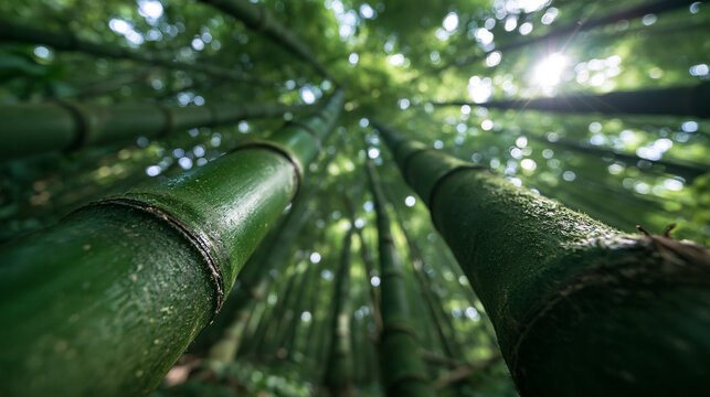 Low Angle View of Green Bamboo Forest with Sunlight