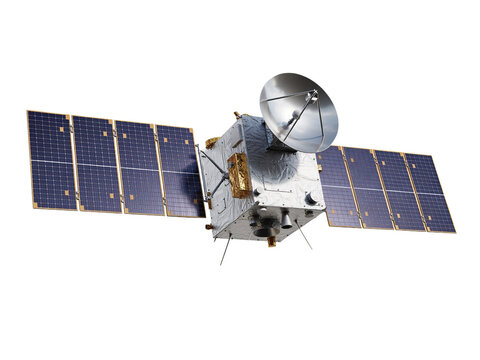 Modern telecommunication scientific research satellite with solar panels and dish antenna isolated on white background 3D rendering
