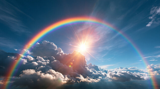 Bright Rainbow and Sunburst Shining Over Dramatic Clouds