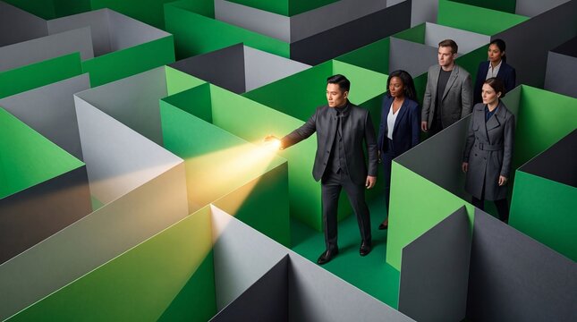 Business Leader with Light Guiding Team Through Maze