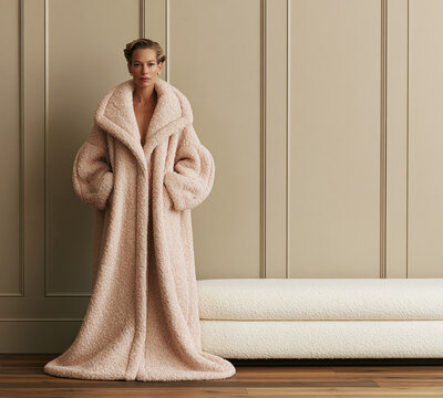 Woman in an oversized blush pink boucle coat standing against a taupe paneled wall, luxury winter fashion.