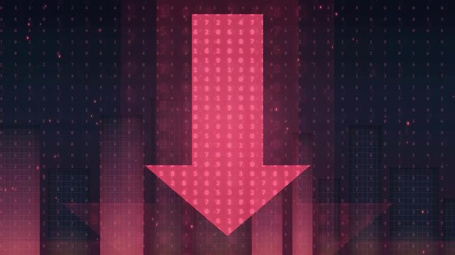 Digital Red Downward Arrow on Dark Background Representing Financial Market Crash and Economic Decline