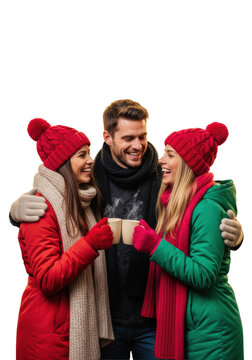 three young caucasian friends in colorful winter gear and pink beanies laughing, holding mugs near a glowing christmas market stall with extreme bokeh. concept of convivial winter holiday friendship