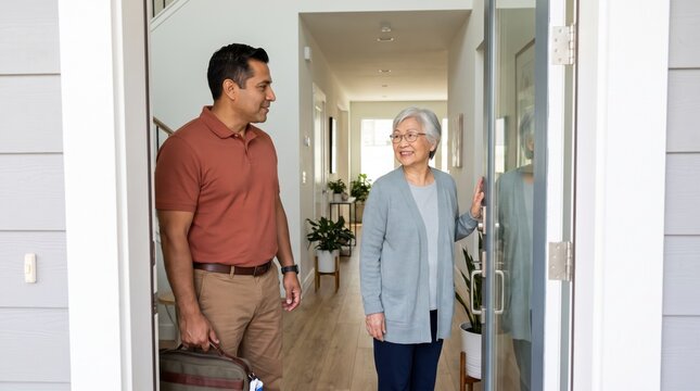 Home health caregiver visiting elderly woman with bag at front door entrance