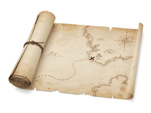 Old rolled parchment treasure map scroll with navigation compass rose and marked destination trail isolated on white background 3D rendering