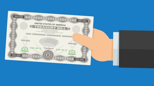Animated businessman hand presenting a United States Treasury Bill bond certificate, representing government debt, investment, and safe financial yield. (loopable)