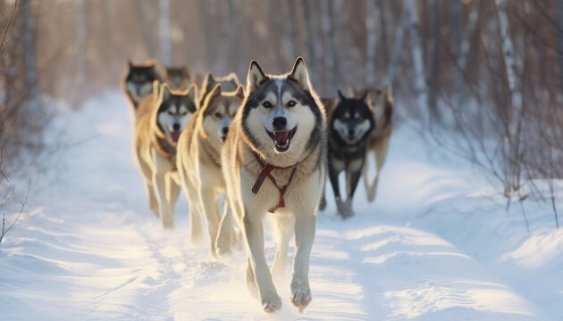 Majestic husky dogs running through a snowy forest trail in bright sunlight showcasing their energy and teamwork