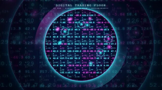 Futuristic digital trading floor interface with glowing data circles and scrolling financial stock market numbers