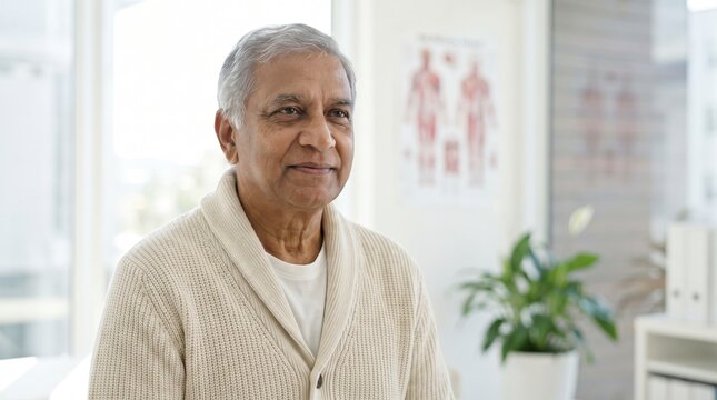Content senior man standing in medical office with anatomy poster in background