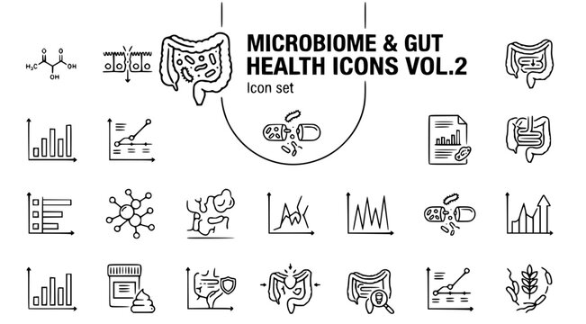 Microbiome and Gut Health Technical Line Art Icon Set Vol 2 with Gut Permeability Diagram, Microbiome Transplant Capsule, Gut-Immune Axis and Microbiome Diversity Index, 15 Icons, Editable Strokes