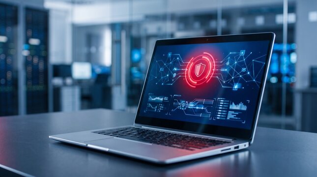 Laptop Displaying Cybersecurity Dashboard with Network Protection Icon. Digital Security Concept
