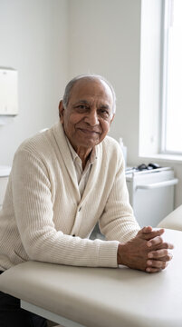 Reassured senior man sitting on exam table with hands clasped in doctor office