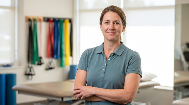 Confident physical therapist standing with resistance bands in rehabilitation clinic