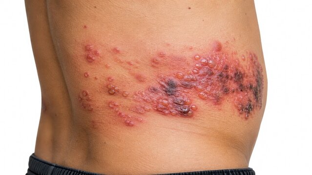 Herpes zoster rash with fluid filled blisters, red inflamed skin and crusted lesions across the torso isolated on white background