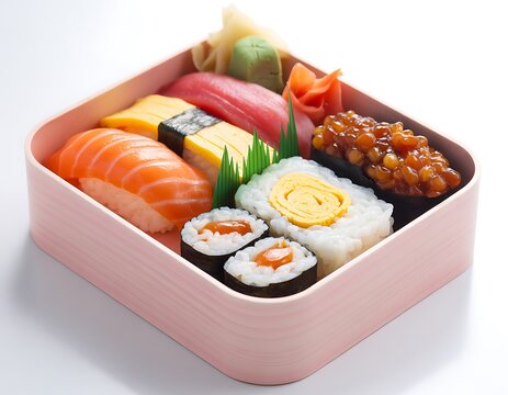 Fresh sushi bento box with variety of rolls and sashimi