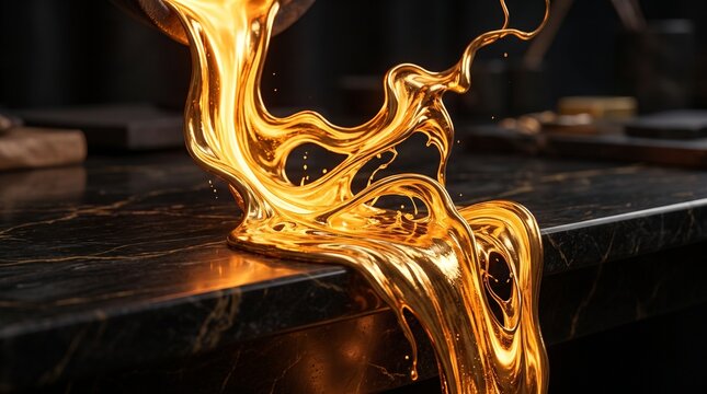 Molten Gold Cascade: A mesmerizing flow of liquid gold cascades over a dark, textured surface, creating dynamic swirls and eddies that capture the eye.