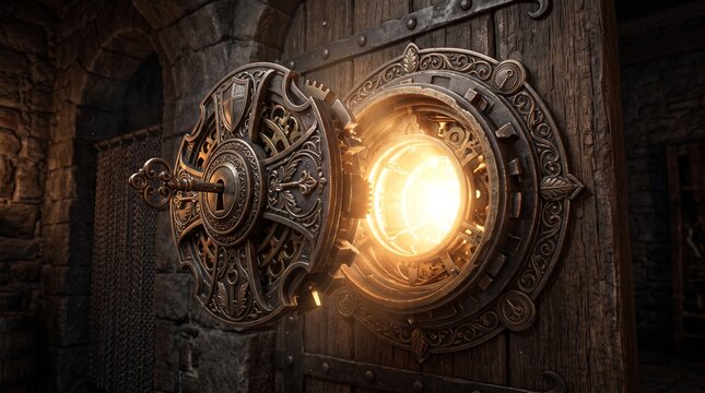 Mysterious Lock Mechanism: An intricately designed, ornate lock on a heavy wooden door is partially opened, revealing a glowing, magical portal within.