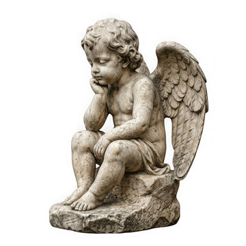 Classic marble statue of a pensive cherub angel isolated on transparent background