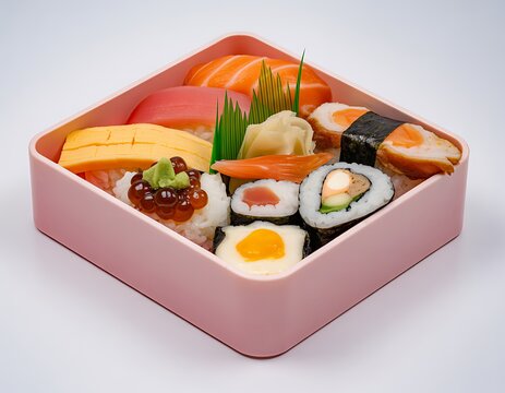 Japanese bento lunch box with fresh sushi and egg