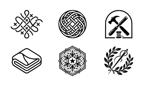 Set of six black and white abstract logos icons graphic design elements featuring knots tools decorative patterns logo set graphic icon design element knot pattern craft icon