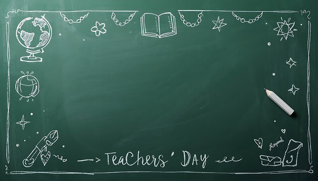 Chalkboard with teachers day drawing and globe, book, and writing tools.