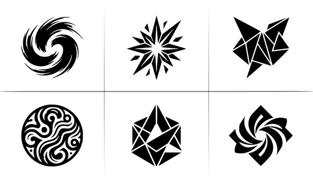 Set of six black and white abstract dynamic logos and geometric symbols featuring swirls stars polygonal shapes dynamic logo geometric shape star emblem swirl icon abstract